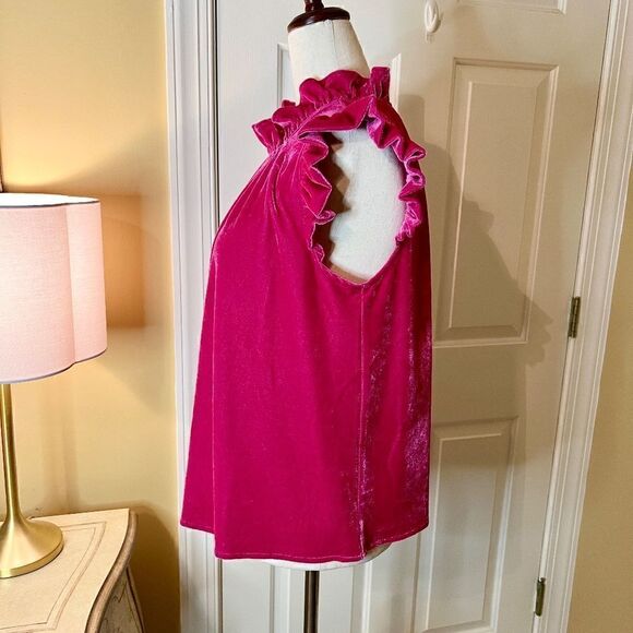 $159 NWT Duffield Lane Linda Hot Pink Velvet Ruffle Top Blouse Shirt Size SMALL - Picture 4 of 5
